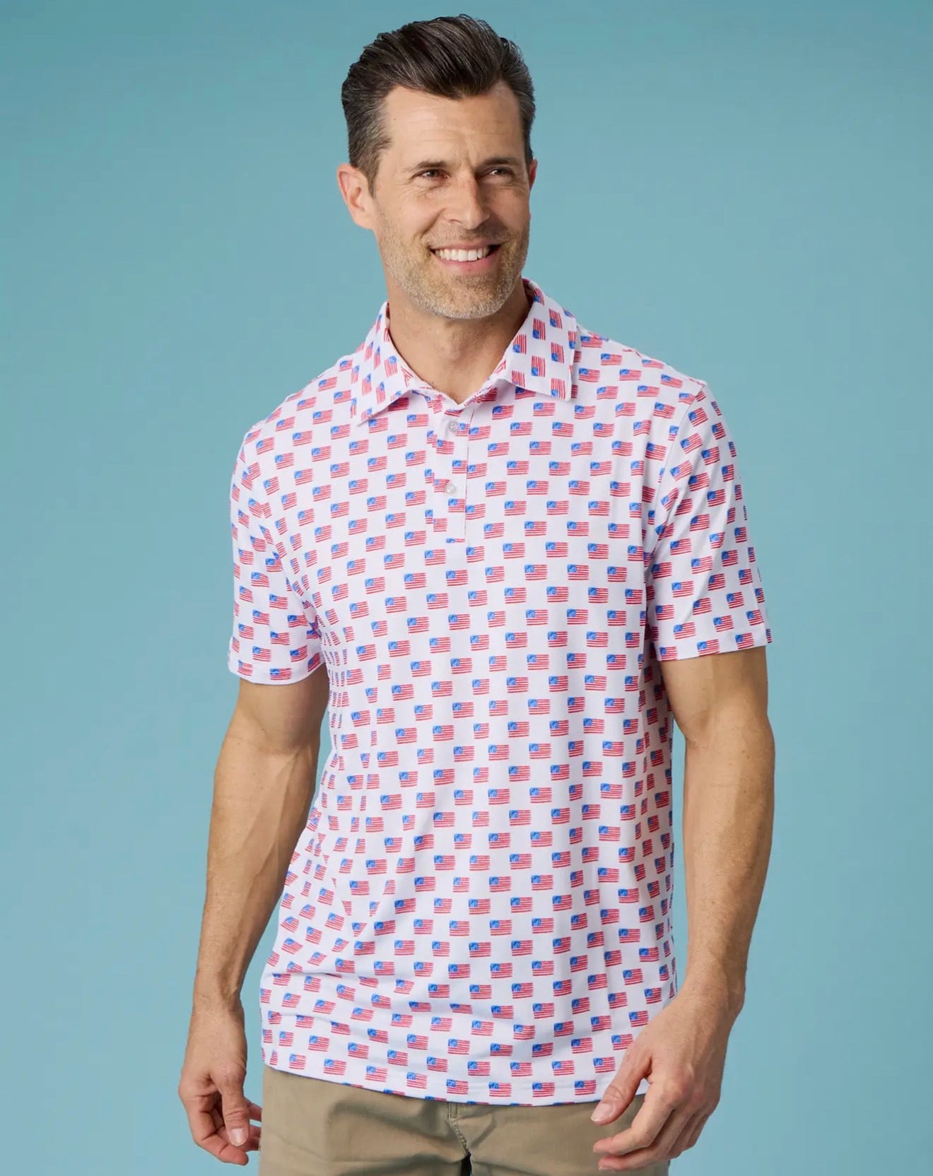 Rufflebutts Men's Freedom Flags Knit Short Sleeve Performance Polo