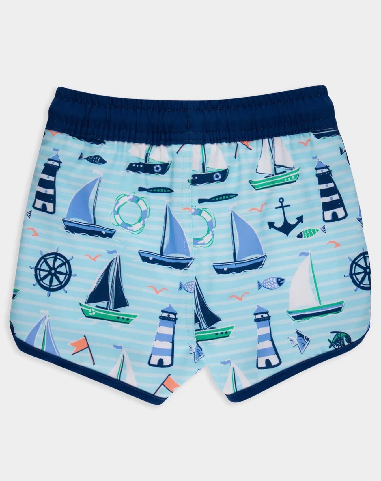 Rufflebutts Boys Blue Sweet Sails Performance Hybrid
Dolphin Hem Swim Trunks
