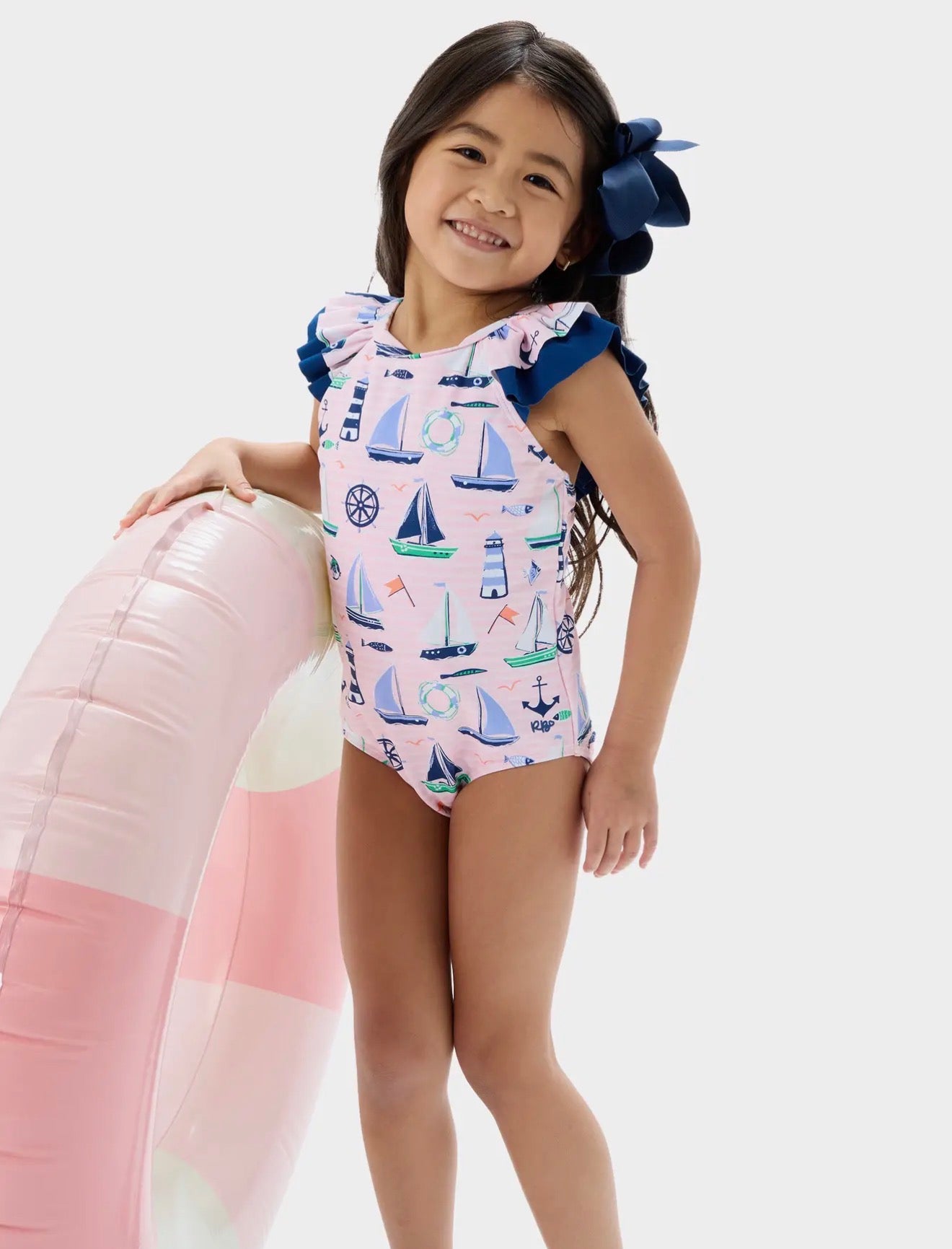 Rufflebutts Girls Pink Sweet Sails Bow V-Back One Piece Swimsuit