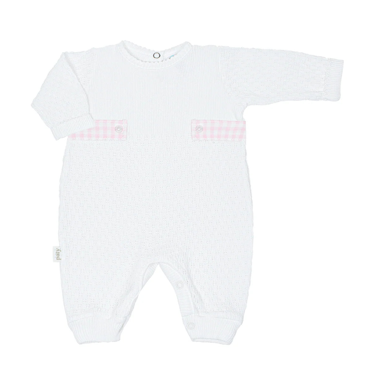 PatyKnit™ Long Sleeve Romper with Gingham Tabs #166LSGHM