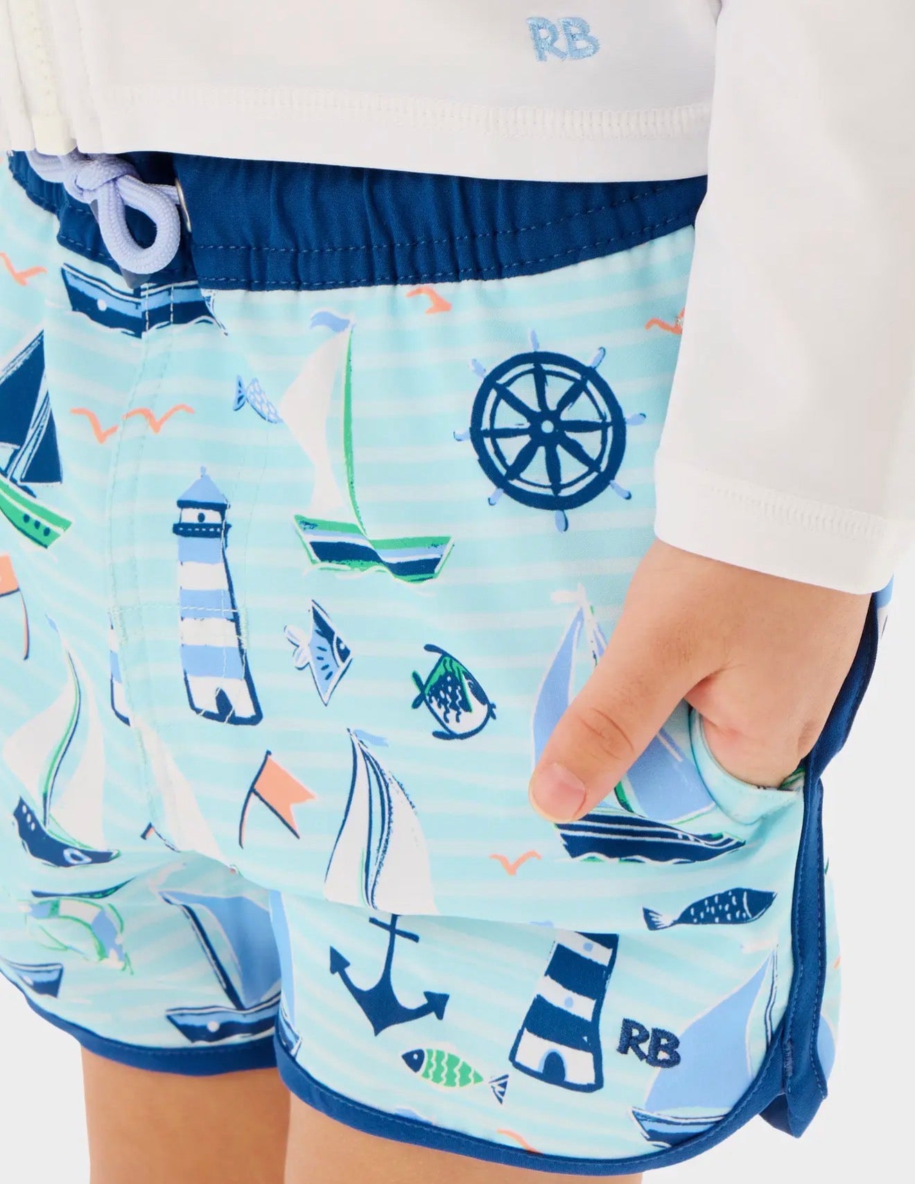 Rufflebutts Boys Blue Sweet Sails Performance Hybrid
Dolphin Hem Swim Trunks