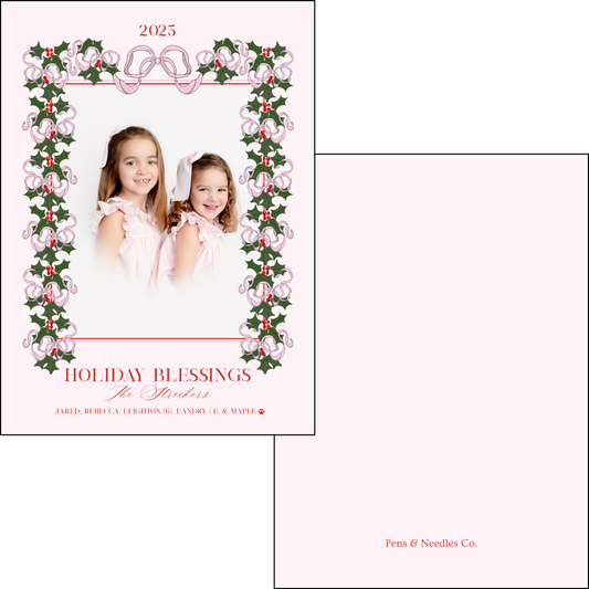 Holiday Card Evergreen Bow and Holly