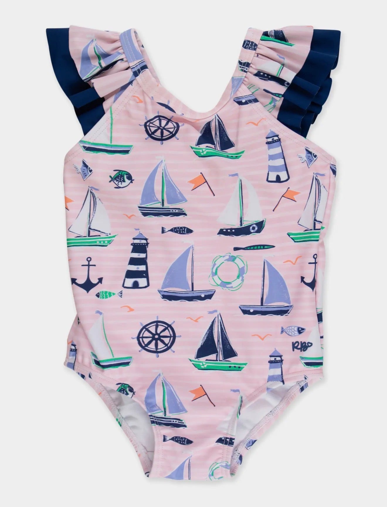 Rufflebutts Girls Pink Sweet Sails Bow V-Back One Piece Swimsuit