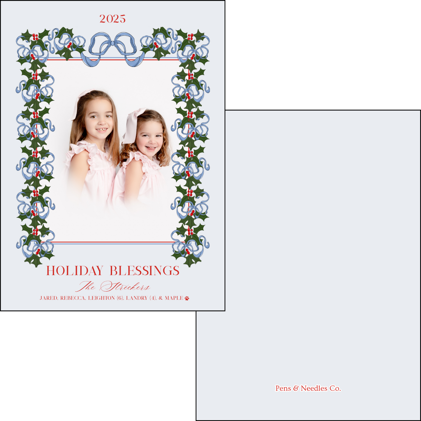 Holiday Card Evergreen Bow and Holly