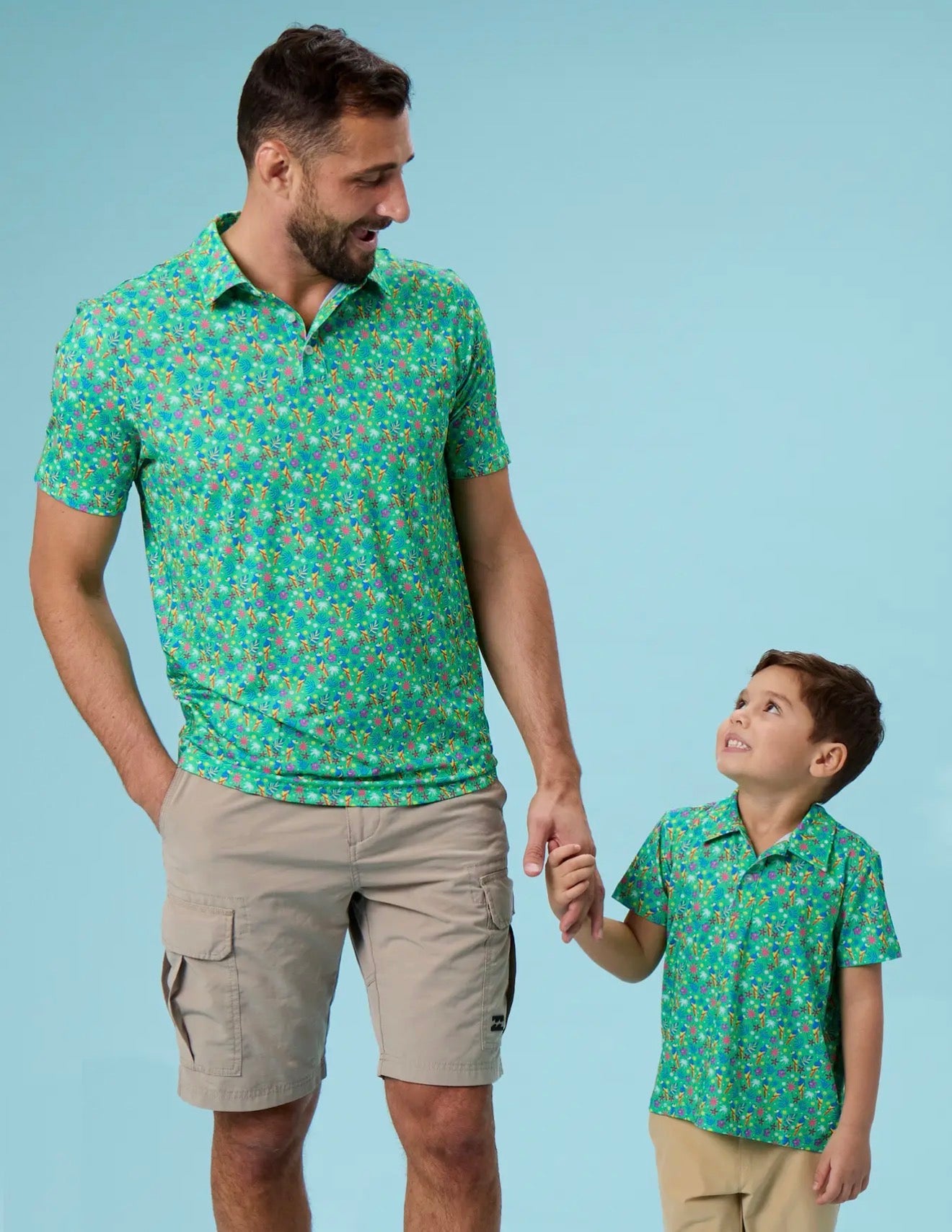 Rufflebutts Men's Tiny Parrot Palms Knit Short Sleeve
Performance Polo