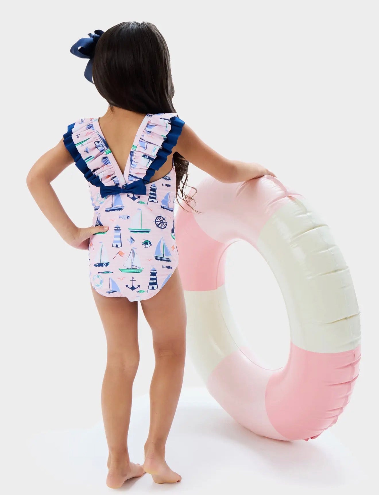 Rufflebutts Girls Pink Sweet Sails Bow V-Back One Piece Swimsuit