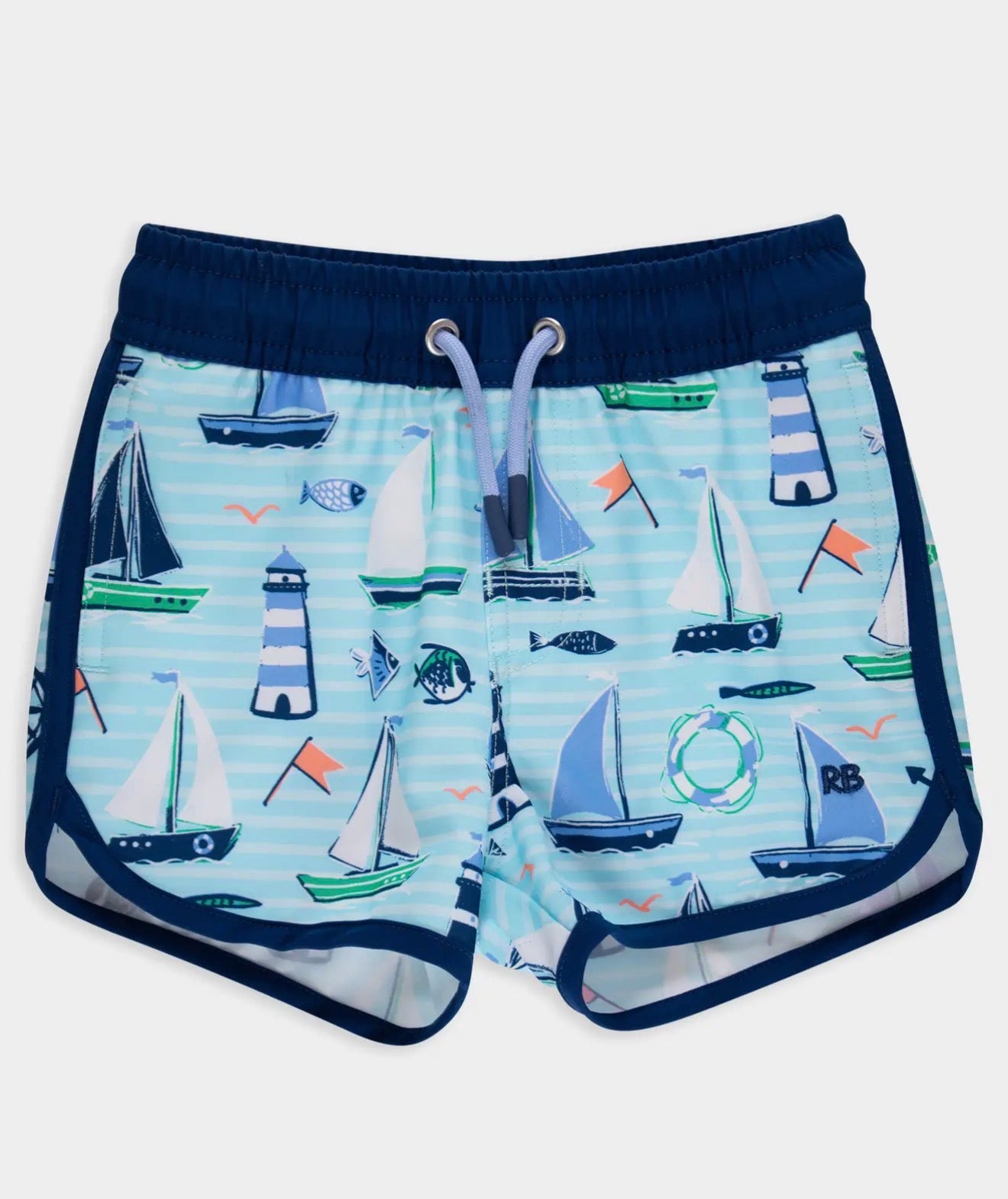 Rufflebutts Boys Blue Sweet Sails Performance Hybrid
Dolphin Hem Swim Trunks