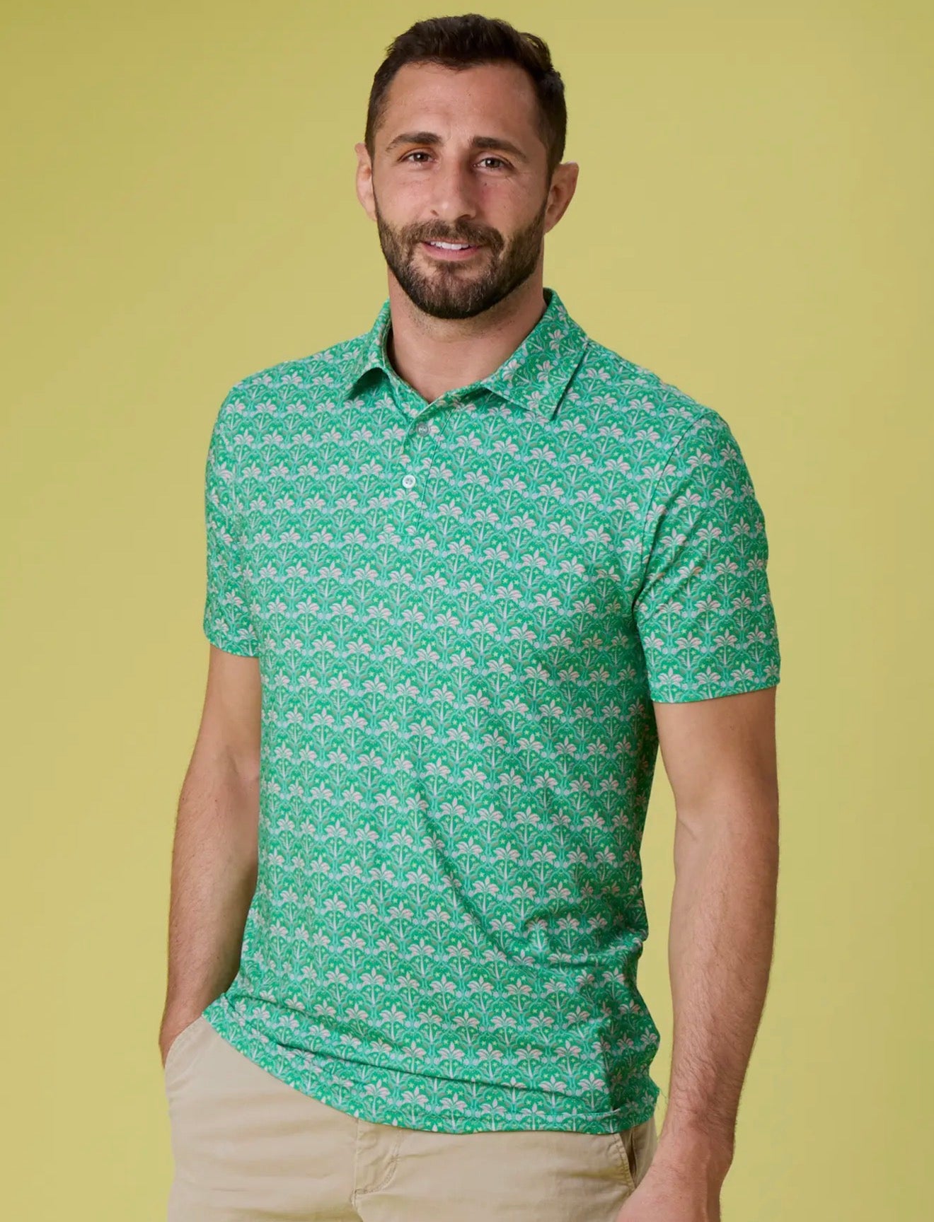 Rufflebutts Men's Tiny Parrot Palms Knit Short Sleeve
Performance Polo