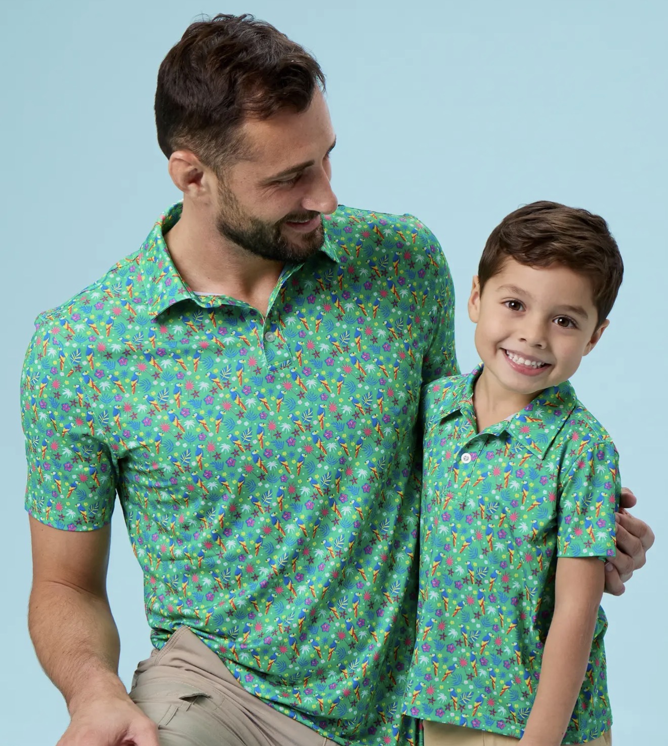 Rufflebutts Men's Tiny Parrot Palms Knit Short Sleeve
Performance Polo