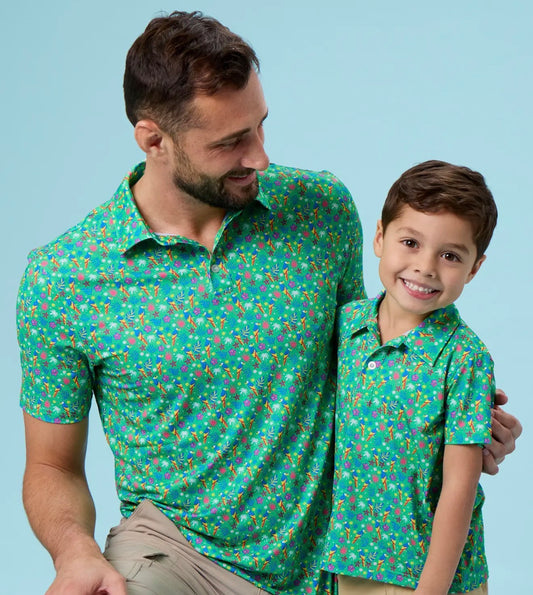 Rufflebutts Men's Tiny Parrot Palms Knit Short Sleeve
Performance Polo