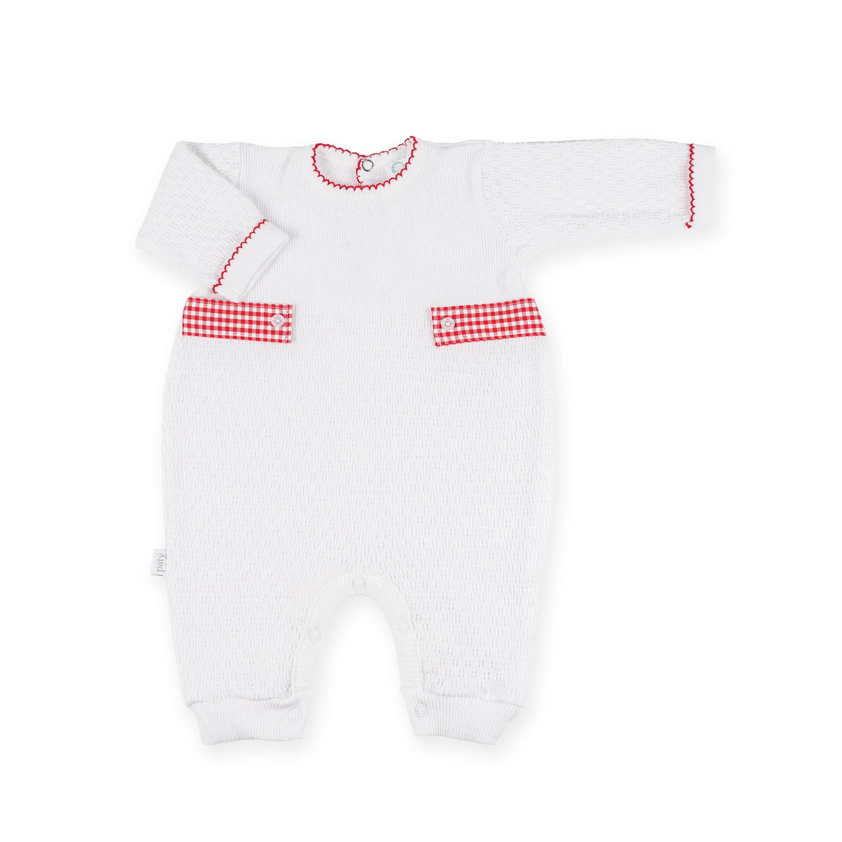 PatyKnit™ Long Sleeve Romper with Gingham Tabs #166LSGHM