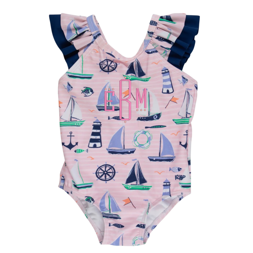 Rufflebutts Girls Pink Sweet Sails Bow V-Back One Piece Swimsuit