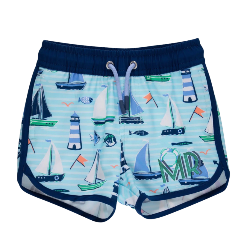 Rufflebutts Boys Blue Sweet Sails Performance Hybrid
Dolphin Hem Swim Trunks