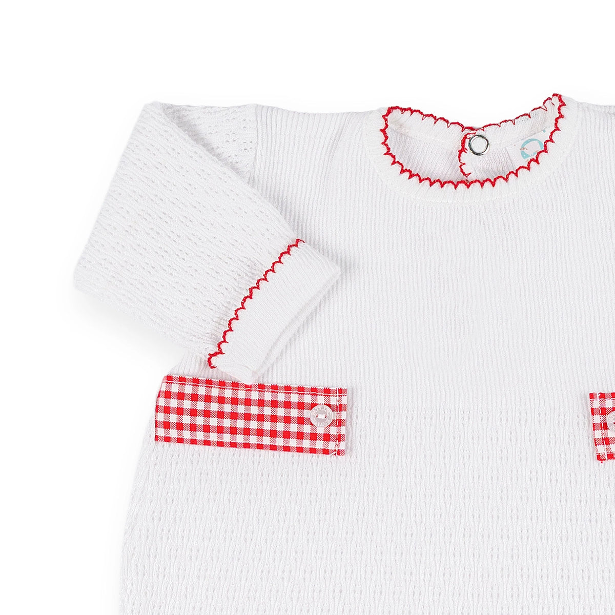 PatyKnit™ Long Sleeve Romper with Gingham Tabs #166LSGHM