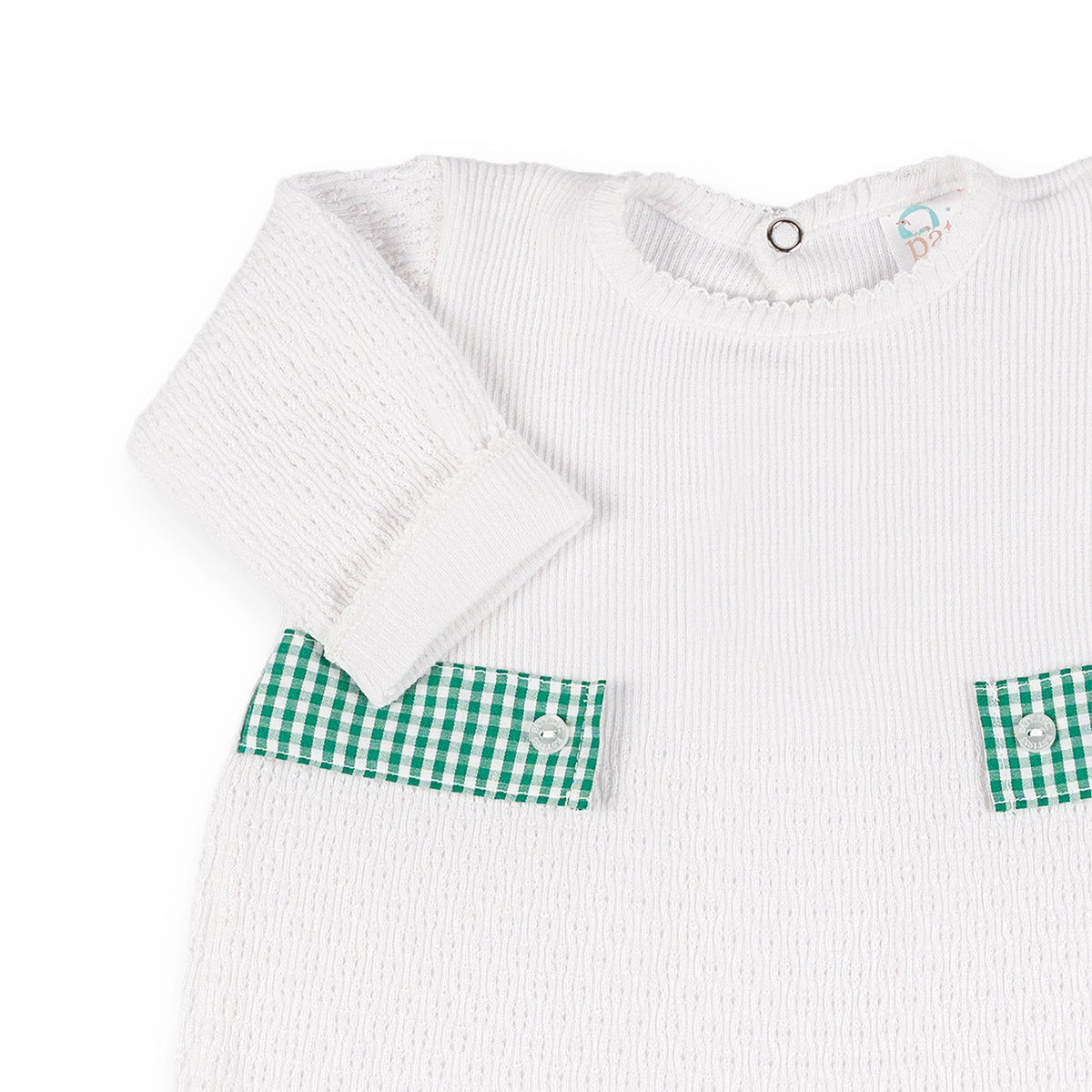 PatyKnit™ Long Sleeve Romper with Gingham Tabs #166LSGHM